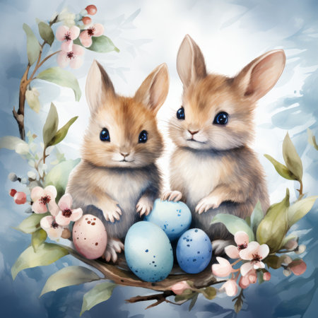 cute greeting watercolor card with rabbit.の素材