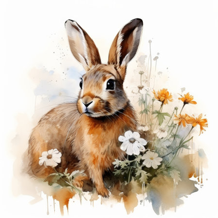 A watercolor painting of a rabbit with flowers, large brushstrokes, abstract, side view, isolated.の素材