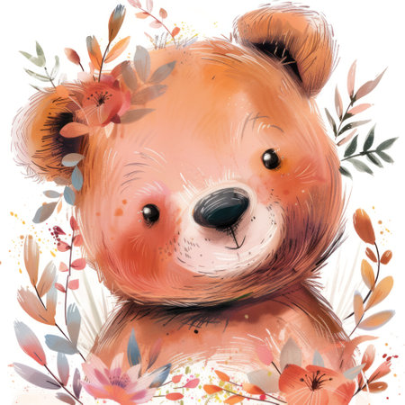Charming bear surrounded by fall foliage in a watercolor styleの素材
