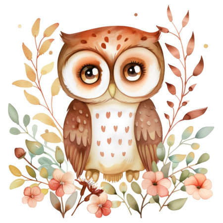 Endearing owl with large eyes surrounded by delicate flowersの素材