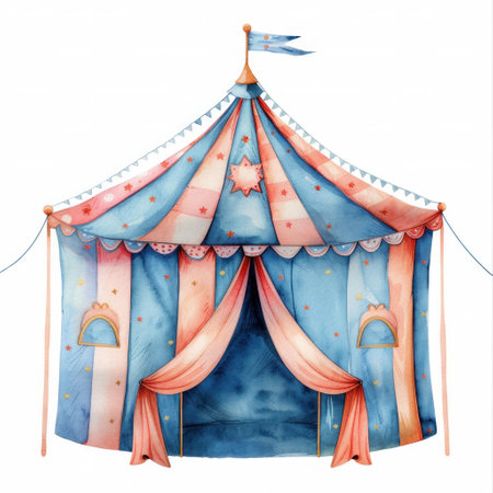 A captivating carnival tent in warm watercolors, complete with festive flags and bunting.の素材