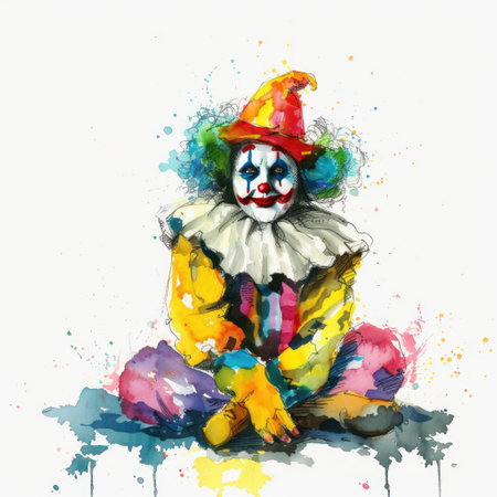 Expressive clown portrait, bursting with watercolor splashesの素材