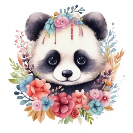 A charming panda cub with floral embellishments, depicted in a soft, watercolor styleの素材