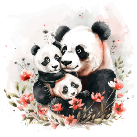 Panda family with florals in a tender watercolor scene.の素材