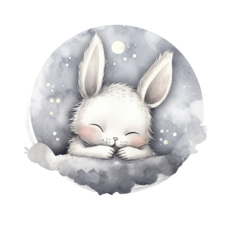 Watercolor of a bunny sleeping on a crescent moon.の素材