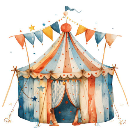 A colorful circus tent painted in watercolor, evoking a sense of whimsy and delightの素材