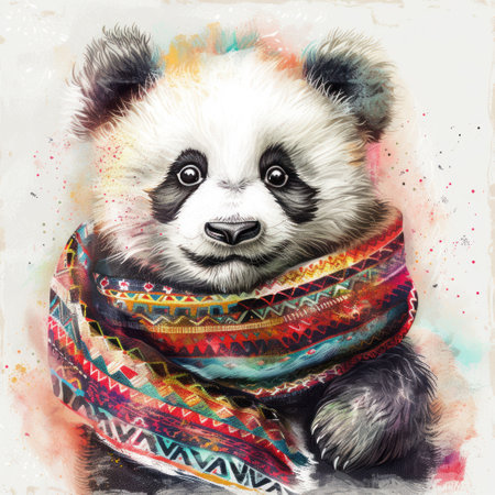 An endearing baby panda surrounded by soft floral accents, rendered in a vibrant, illustrative styleの素材