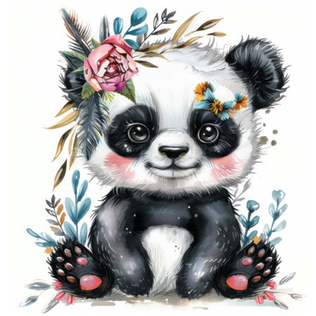 A charming panda cub with floral embellishments, depicted in a soft, watercolor styleの素材