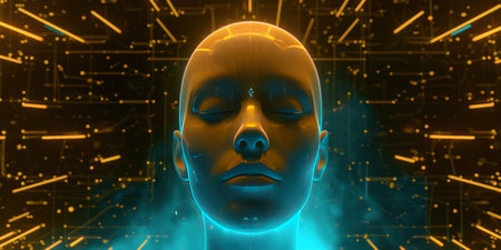 a woman's head on the front of an abstract background in a digital world.の素材