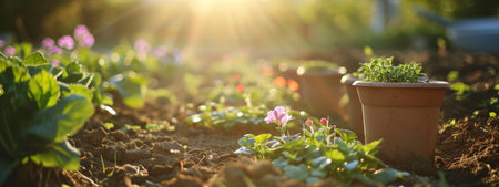 an empty ground, planting pots and flowers.の素材