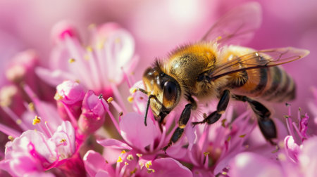 Bee Amongst Blooms: A macro photograph showcasing a busy bee collecting nectar from vibrant blossoms.の素材