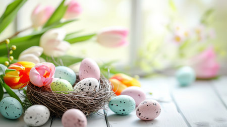easter background, Nest with colored eggs near tulips on white table,.の素材