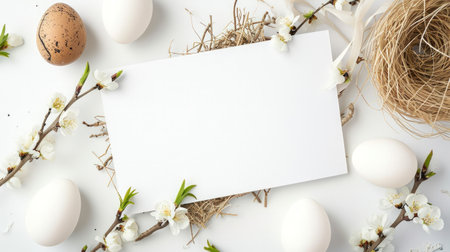 easter background, Nest with colored eggs near tulips on white table,.の素材