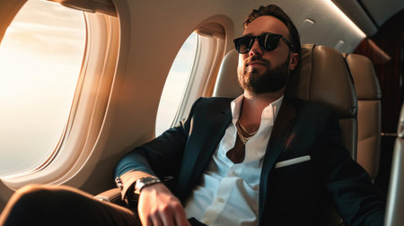 one handsome businessman relaxes on a plane.の素材