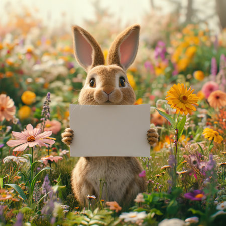 the easter bunny holds a white blank sign in its paws.の素材