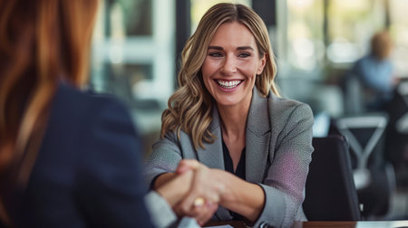 Businesswoman Seal the Deal In a professional office setting, a female manager of middle age is seen shaking happily.の素材