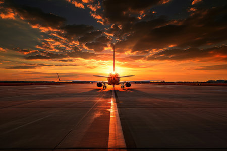 the sun is setting behind a plane on an airport tarmac.の素材