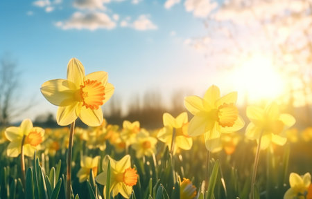 yellow daffodils in the grass with the sun and sky behind them.の素材