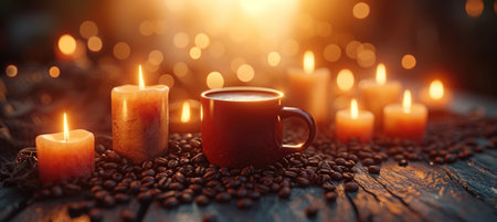 a cup over a bunch of coffee beans and candles.の素材