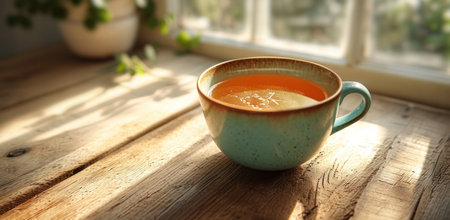 a cup of sageinfused tea sitting on a wooden table.の素材