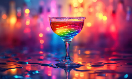 a drink with rainbow swirls sitting in a cocktail glass.の素材