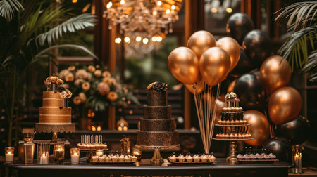 A touch of golden glamor with balloons, candles, and decorations for a sophisticated birthday affair.の素材