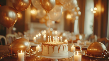 A touch of golden glamor with balloons, candles, and decorations for a sophisticated birthday affair.の素材