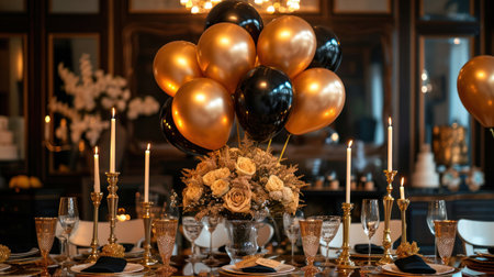 A touch of golden glamor with balloons, candles, and decorations for a sophisticated birthday affair.の素材