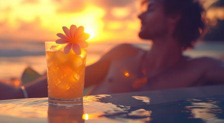 a man with a flower on top of a drink by a pool.の素材