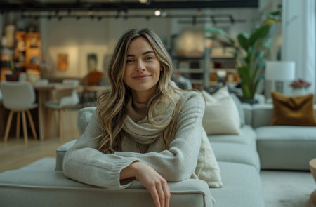 a woman sitting in a furniture showroom senior.の素材