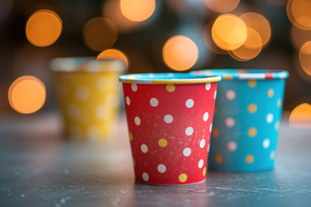 brightly colored paper cups on a table.の素材