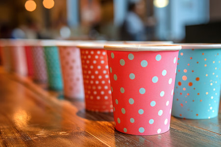 brightly colored paper cups on a table.の素材