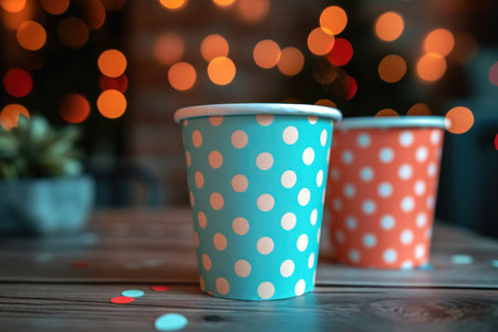 brightly colored paper cups on a table.の素材