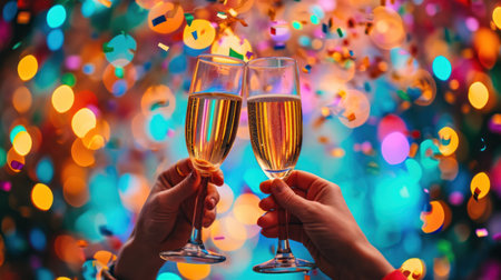 Glasses clinking, confetti falling, and a vibrant background make a perfect birthday greeting card.の素材