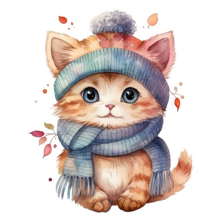 Beautiful cute watercolor illustration of a cat in a knitted hat and scarf for a children's book isolated.の素材