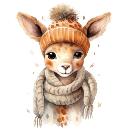 Beautiful cute watercolor illustration of a giraffe in a fox hat and scarf for a children's book isolated.の素材