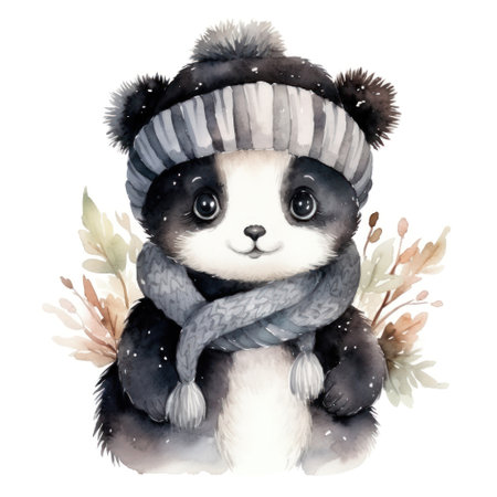 Beautiful cute watercolor illustration of a panda in a knitted hat and scarf for a children's book isolated.の素材
