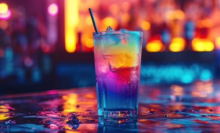 rainbow colored cocktail with drink stick is on the table at nightclub.の素材