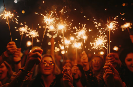 people cheering for firework in a city.の素材