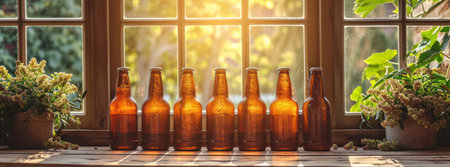 several brown bottle sitting next to some hops.の素材