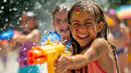 Water guns, playful splashes, and rainbow streams define a lively Holi water fight.の素材