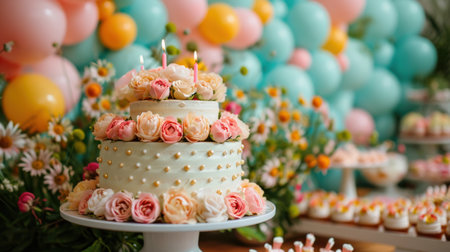 Whimsical decor, vibrant balloons, and joyful revelry create a lively and enchanting party ambiance.の素材