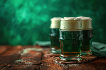a merry st patrick's day beer at a wooden table.の素材