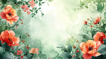 Watercolor flowers, lush greenery, and intricate patterns form a sophisticated spring backdrop.の素材