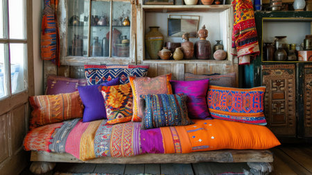 Colorful textiles, floor cushions, and unique artifacts infuse a laid-back, cozy charm.の素材