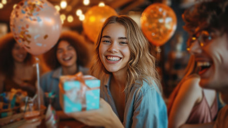 Friends and family surrounded by balloons, presents, and festive decor in a birthday celebration.の素材