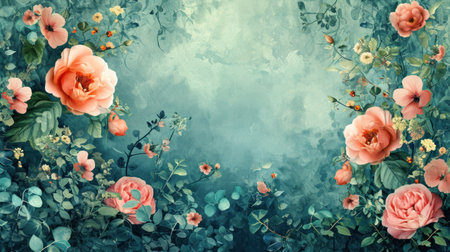 Watercolor flowers, lush greenery, and intricate patterns form a sophisticated spring backdrop.の素材