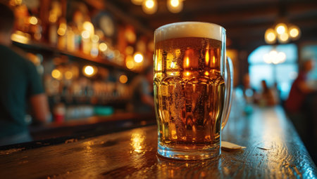 a mug of beer at a bar in front of people.の素材