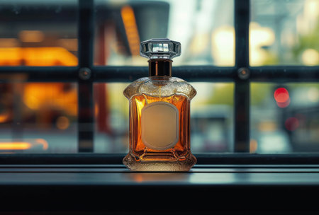 a bottle of perfume on a shelf in the distance.の素材