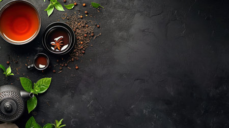 Black tea advertisment background with copy space.の素材